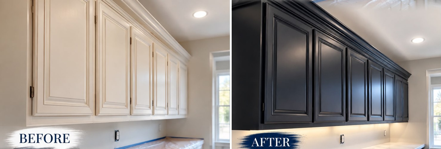 Refinished white kitchen cabinets